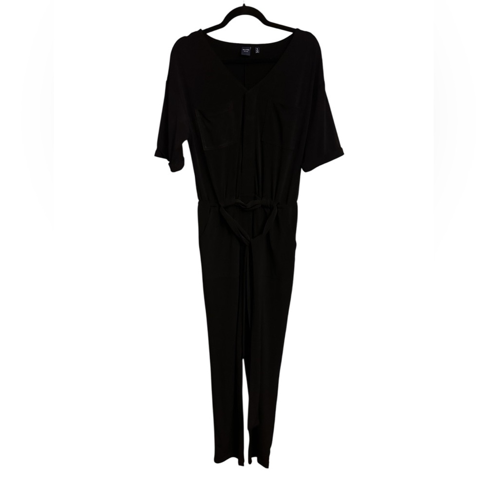Kaari Blue Jumpsuit Black V Neck Tie Belt Size Small NWOT